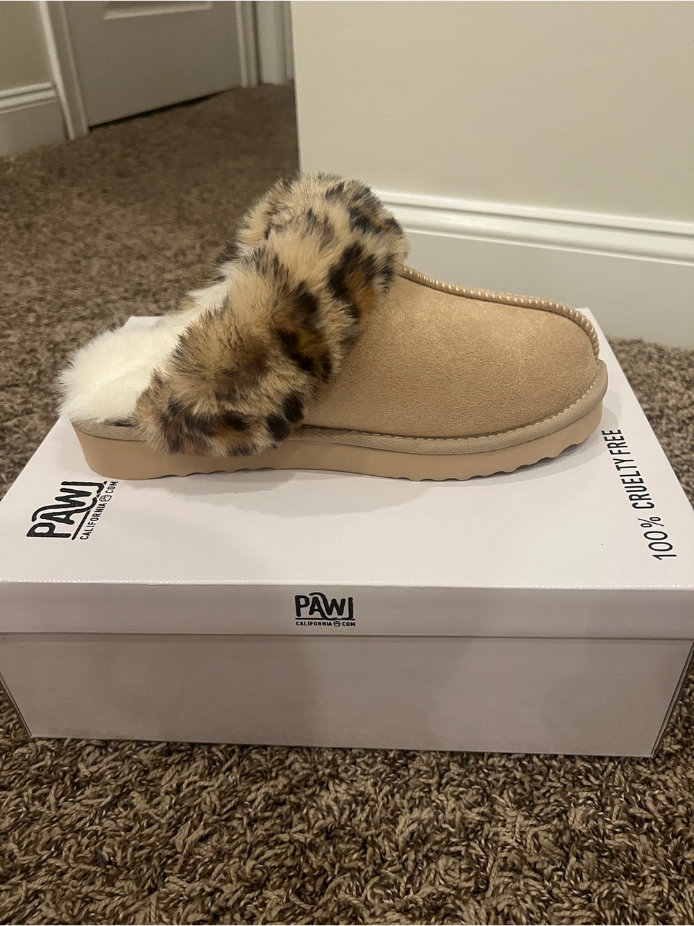PawJ Tan Faux Suede Slip-On Slipper with Leopard Faux Fur Collar- Brand new